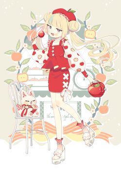 Rule 34 | 1girl, :d, absurdres, apple, apple print, bag, blonde hair, blue hair, blush, candy apple, chair, collarbone, commentary, double bun, english text, fang, food, food-themed bag, food-themed hat, food print, fox, fruit, fruit print, full body, gradient socks, green eyes, hair bun, hat, highres, holding, holding bag, holding candy apple, holding food, homa corn, jitome, long sleeves, open mouth, original, puffy long sleeves, puffy sleeves, red hat, red shirt, red skirt, red socks, see-through clothes, see-through sleeves, shirt, shoes, skirt, smile, socks, solo, star-shaped pupils, star (symbol), symbol-only commentary, symbol-shaped pupils, toes, tongue, white shoes