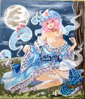 1girl absurdres blue_hat blue_kimono blush bottle branch breasts cherry_blossoms collarbone commentary_request cup dango food frilled_kimono frills full_moon hat highres hitodama holding holding_branch holding_cup holding_skewer japanese_clothes kimono large_breasts long_sleeves looking_at_viewer marker_(medium) mitsu~ mob_cap moon night off_shoulder open_mouth outdoors pink_eyes pink_hair saigyouji_yuyuko sanshoku_dango sitting skewer sleeve_garter smile socks solo tokkuri touhou traditional_media tree triangular_headpiece wagashi white_socks wide_sleeves