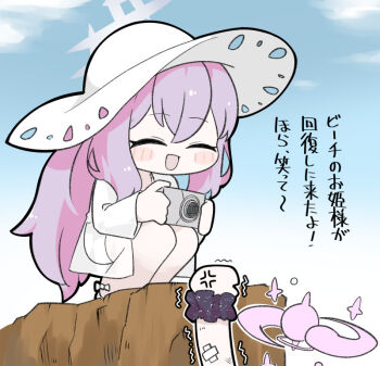 2girls :d ^_^ anger_vein atsuko_(blue_archive) atsuko_(swimsuit)_(blue_archive) blue_archive blue_sky blush_stickers chibi closed_eyes cloud day hair_between_eyes halo hat jacket long_hair mika_(blue_archive) miranofuudoria multiple_girls open_clothes open_jacket open_mouth outdoors purple_hair see-through_clothes sky smile solo_focus squatting translation_request trembling very_long_hair white_hat white_jacket