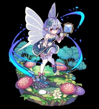 1girl ahoge arm_scrunchie bare_shoulders black_background blue_dress blue_flower blue_hair blue_rose blue_shoes blush bob_cut bow breasts closed_mouth collarbone dress flats flower flying full_body gloves hair_between_eyes hair_flower hair_ornament highres holding holding_staff insect_wings melmy_(merc_storia) merc_storia merc_storia_art_team mushroom official_art pink_bow pointy_ears purple_eyes rose shoes short_dress short_hair sidelocks simple_background small_breasts solo staff tachi-e thighhighs tree white_flower white_gloves white_thighhighs wings