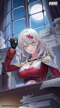 1girl beer_bottle black_gloves book book_stack breasts cleavage full_moon gloves goddess_of_victory:_nikke grey_hair hair_between_eyes hair_intakes highres holding holding_pen indoors jewelry large_breasts long_hair looking_at_viewer moon necklace night official_art paper_stack papers pen red_shirt ress sharp_teeth shirt sky solo teeth yellow_eyes yulha_(nikke)