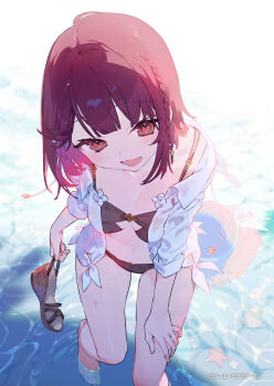 1girl atelier_(series) atelier_sophie barefoot bikini black_bikini braid breasts commentary_request copyright_notice foot_out_of_frame highres holding holding_sandals jacket looking_at_viewer noco_(adamas) official_art open_clothes open_jacket open_mouth red_eyes red_hair sandals second-party_source short_hair small_breasts smile solo sophie_neuenmuller swimsuit wading water white_jacket