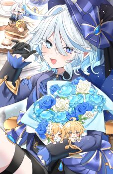 &quot;pour_la_justice&quot;_(genshin_impact) 1girl :3 aether_(genshin_impact) ahoge black_gloves black_hair black_shorts blonde_hair blue_coat blue_eyes blue_flower blue_hair blue_hat blue_rose blush bouquet cake cake_slice character_doll coat colored_inner_hair commentary cowboy_shot cup doll english_commentary flower food fork furina_(genshin_impact) genshin_impact gloves grey_eyes hat heterochromia highres holding holding_bouquet holding_fork leg_up looking_at_viewer lumine_(genshin_impact) multicolored_hair neuvillette_(genshin_impact) orange_eyes plate pointy_ears rose short_hair shorts smile teacup thigh_strap tiramisu top_hat yuzukiyuno_(yunmu_g)