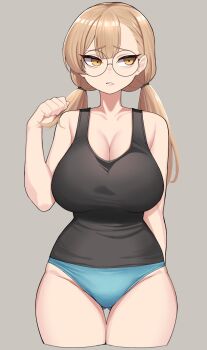 1girl absurdres arm_behind_back awan_raccoon bare_shoulders blonde_hair blue_panties breasts cowboy_shot cropped_legs glasses gluteal_fold grey_background hair_between_eyes highres large_breasts long_hair looking_to_the_side original panties parted_lips simple_background solo straight-on thick_thighs thighs tsurime twintails underwear yellow_eyes