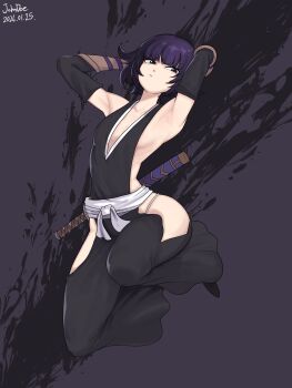 Rule 34 | 1girl, arms up, artist name, bare shoulders, black hair, bleach, breasts, closed mouth, collarbone, dated, detached sleeves, female focus, fundoshi, japanese clothes, johndoe drawing, medium hair, shihakusho, small breasts, sui-feng, sword, thighs, weapon, zanpakutou