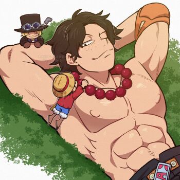 Rule 34 | 3boys, abs, absurdres, arms behind head, arms up, artist name, bead necklace, beads, belt, biceps, black coat, black hair, blue shirt, blue shorts, burn scar, closed eyes, closed mouth, coat, collared shirt, elbow pads, freckles, fur-trimmed shorts, fur trim, goggles, goggles on headwear, hat, highres, jewelry, kageimo, looking at viewer, lying, male focus, mini person, miniboy, monkey d. luffy, multiple boys, muscular, muscular male, necklace, nipples, on back, one eye closed, one piece, open clothes, open coat, orange belt, parted bangs, pectorals, portgas d. ace, red shirt, sabo (one piece), sandals, scar, scar on face, shirt, short hair, shorts, single elbow pad, smile, straw hat, top hat, twitter username, watermark