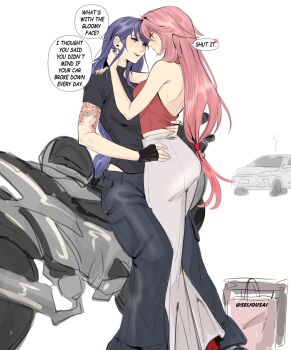 2girls arm_tattoo artist_name black_pants black_shirt car commentary english_commentary english_text genshin_impact halter_shirt halterneck highres long_hair low-tied_long_hair motor_vehicle multiple_girls open_mouth pants pink_hair purple_hair raiden_shogun red_shirt seijousai shirt tattoo very_long_hair white_pants yae_miko yuri