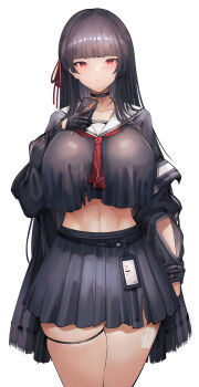 1girl black_bra black_choker black_gloves black_hair black_shirt black_skirt blunt_bangs bra bra_peek breasts chisa_(wuthering_waves) choker collarbone gloves hair_ribbon highres holding holding_phone linea_alba long_hair long_sleeves mole mole_under_eye neckerchief phone red_eyes red_neckerchief red_ribbon ribbon sailor_collar school_uniform shirt skindentation skirt solo thigh_strap torn_clothes torn_shirt underwear white_sailor_collar wuthering_waves yusha_m
