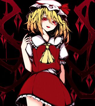 1girl ascot black_background blonde_hair bow commentary_request cowboy_shot crystal crystal_wings dot_nose flandre_scarlet frilled_skirt frills hand_up hat hat_bow highres liquid looking_at_viewer mob_cap open_mouth puffy_short_sleeves puffy_sleeves red_bow red_eyes red_nails red_skirt red_vest shi_to_na shirt short_sleeves side_ponytail simple_background skirt smile solo touhou vest white_hat white_shirt wings yellow_ascot