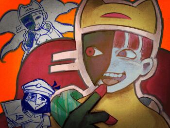 Rule 34 | 1other, 2girls, animal hat, black eyes, black hair, blunt bangs, blunt ends, cat hat, colored skin, derivative work, dress, ena: dream bbq, ena (dream bbq), ena (series), ena (species), floating head, food, hat, heterochromia, highres, levienjoyer, long hair, low poly, multicolored skin, multiple girls, open mouth, pizza, pizza box, pizza slice, red eyes, red hair, salesperson ena, scene reference, shirt, short sleeves, sketch, smile, split-color skin, sprite redraw, taski maiden (ena), taski maiden companion, teeth, two-tone skin, yellow dress, yellow hat