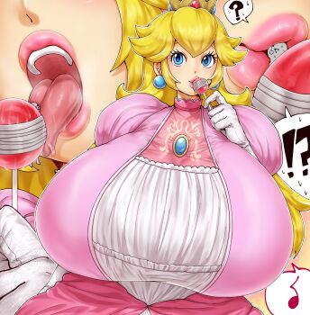 Rule 34 | !?, 1girl, 1other, ?, absurdres, blonde hair, blue eyes, breasts, candy, crown, earrings, female focus, food, gigantic breasts, gloves, ham121ham, highres, jewelry, lips, lollipop, long hair, looking at viewer, mario (series), mini person, musical note, nintendo, princess peach, spoken musical note, spoken question mark, steam, tongue, tongue out