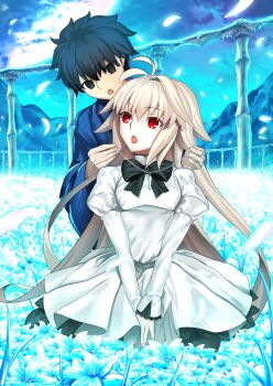 1boy 1girl absurdres arcueid_brunestud blonde_hair dress eco-arc harukey highres millennium_castle_(tsukihime) red_eyes tohno_shiki tsukihime white_dress