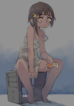 1girl artistic_error asymmetrical_hair brown_hair chikuwa claws computer computer_tower dress female_focus food highres holding iwakura_lain saliva serial_experiments_lain sitting sitting_on_object solo strap_slip tearing_up umezawa_michiko