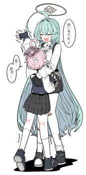 2girls ^_^ absurdres ahoge arm_up bandaid bandaid_on_leg black_gloves black_skirt blue_archive blush bulletproof_vest closed_eyes commentary_request fingerless_gloves full_body gloves green_hair hair_flaps halo highres hoshino_(blue_archive) hoshino_(first_year)_(blue_archive) hug huge_ahoge kneepits long_hair multiple_girls pink_hair plaid_clothes plaid_skirt pleated_skirt shirt short_hair simple_background skirt smile socks speech_bubble straight_hair translation_request trembling very_long_hair white_background white_shirt white_socks wujurana yume_(blue_archive) yuri