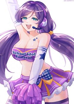 1girl aqua_eyes arm_up armpit_crease bandeau bare_shoulders birthday blush breasts cheerleader cleavage collarbone commentary_request elbow_gloves gloves hair_between_eyes happy_birthday highres kuvakusavana large_breasts long_hair looking_at_viewer love_live! love_live!_school_idol_project open_mouth pom_pom_(cheerleading) purple_bandeau purple_skirt simple_background skirt smile solo strapless teeth thick_thighs thighs tojo_nozomi tube_top twintails white_background white_gloves