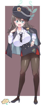 1girl absurdres airi_(blue_archive) black_jacket black_necktie black_pantyhose black_skirt blue_archive brown_hair green_eyes green_halo hair_between_eyes halo haruna_(blue_archive) hat high_heels highres jacket long_hair necktie panatisia pantyhose peaked_cap shirt skirt solo thighs white_shirt