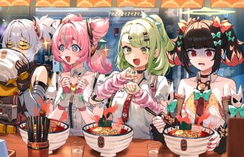 Rule 34 | 4girls, angels of delusion, aqua hair, aqua nails, aria (zenless zone zero), arm warmers, bare shoulders, black hair, bow, bowl, chopsticks, closed eyes, commentary request, cross-shaped pupils, detached sleeves, dress, fang, fingerless gloves, food, gloom (expression), gloves, green bow, green eyes, green hair, grey hair, hair bow, hands up, holding, holding chopsticks, long sleeves, multicolored hair, multiple girls, nangong yu, nao (naoooo a), noodles, open mouth, pink gloves, pink hair, ramen, red eyes, red nails, shirt, short sleeves, sitting, smile, soldier 11 (zenless zone zero), sparkle, spicy, streaked hair, striped arm warmers, sunna (zenless zone zero), sweat, symbol-shaped pupils, too many bows, white dress, white shirt, zenless zone zero