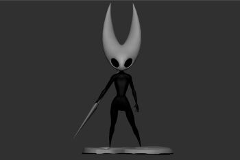 1girl 3d arthropod_girl black_eyes black_sclera black_skin colored_sclera colored_skin completely_nude grey_background holding holding_needle holding_weapon hollow_knight hollow_knight:_silksong hornet_(hollow_knight) horns needle nude simple_background soyzec standing tagme weapon