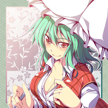 1girl breasts cleavage collarbone dress_shirt female_focus fuyuwa_kotatsu green_hair kazami_yuuka medium_breasts plaid_clothes plaid_vest red_eyes shirt smile solo touhou umbrella unbuttoned upper_body vest
