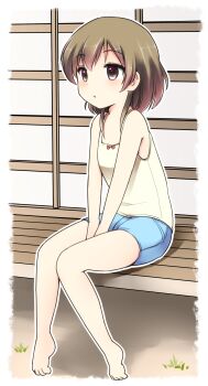 1girl :o absurdres aged_down bare_arms bare_legs bare_shoulders barefoot between_legs blue_shorts blush border brown_eyes brown_hair camisole commentary_request day dot_nose full_body hand_between_legs highres kamekichi_(kamekiti) kami_nomi_zo_shiru_sekai kasuga_hinoki looking_ahead medium_hair outdoors outline parted_lips raised_eyebrows short_shorts shorts sitting solo v_arms veranda white_border white_camisole white_outline