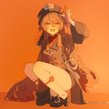 1girl black_coat black_hat black_shoes black_shorts brown_hair coat commentary flower flower-shaped_pupils genshin_impact hair_between_eyes hand_up hat hat_flower highres hu_tao_(genshin_impact) long_hair long_sleeves looking_at_viewer man015s open_mouth orange_background orange_eyes orange_flower orange_theme porkpie_hat shoes shorts sleeves_past_wrists smile socks solo squatting symbol-shaped_pupils tailcoat teeth thighs upper_teeth_only very_long_hair watermark white_socks