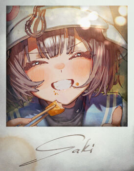 1girl betabeet black_hair black_shirt blue_archive blue_sailor_collar blush chopsticks closed_eyes combat_helmet commentary english_commentary food food_on_face grin helmet highres holding holding_chopsticks holding_food looking_at_viewer sailor_collar saki_(blue_archive) shirt short_hair smile solo thumbs_up turtleneck turtleneck_shirt