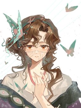 1girl absurdres brown_eyes brown_hair bug chinese_clothes chinese_commentary closed_mouth commentary_request dress face_chain hand_up hanfu highres insect long_hair looking_at_viewer moth moth_hair_ornament official_alternate_costume purple_hanfu reverse:1999 san_sui_dingshang_ya solo straight-on tooth_fairy_(reverse:1999) upper_body white_dress