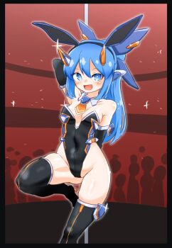 1girl :d alternate_costume animal_ears arm_up bare_shoulders black_gloves black_leotard black_thighhighs blue_eyes blue_hair blush boots breasts bright_pupils commentary_request covered_navel crowd detached_collar elbow_gloves fake_animal_ears gatasu313 gloves headgear high_heel_boots high_heels highleg highleg_leotard highres leotard long_hair looking_at_viewer medium_breasts necktie open_mouth original playboy_bunny pole pole_dancing ponytail rabbit_ears silhouette small_breasts smile solo standing standing_on_one_leg storm_zexel_(gatasu313) strapless strapless_leotard stripper_pole thigh_boots thighhighs