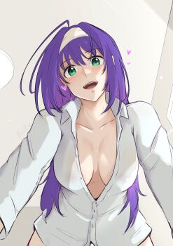 1girl ahoge blush breasts commentary english_commentary fire_emblem from_below girl_on_top green_eyes hairband heart highres long_hair looking_at_viewer looking_down medium_breasts mia_(fire_emblem) naked_shirt nintendo open_mouth pov purple_hair shirt smile solo teeth upper_teeth_only vialnite white_hairband