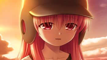 10s 1girl angel_beats! bad_tag fang female_focus game_cg gradient_background hat na-ga pink_eyes pink_hair sky solo tears yui_(angel_beats!)