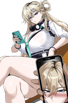 1girl black_nails blonde_hair blush breasts cellphone closed_mouth collared_shirt crossed_legs ear_piercing feet_out_of_frame green_necktie gyaru hair_ornament headphones headphones_around_neck hella_p highres holding holding_phone huge_breasts implied_fellatio long_hair looking_at_viewer lynae_(wuthering_waves) mole mole_on_breast nail_polish necktie phone piercing pov purple_eyes shirt simple_background sitting skull_hair_ornament smartphone thighs white_background white_shirt wuthering_waves