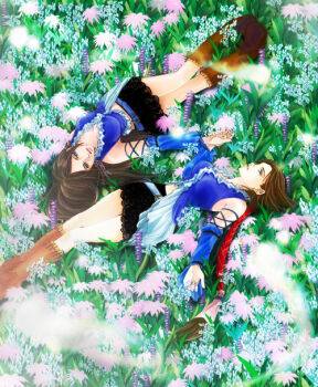 Rule 34 | 00s, 2girls, alternate costume, artist request, bad id, bad pixiv id, belt, boots, brown hair, earrings, final fantasy, final fantasy x, final fantasy x-2, flower, holding hands, jewelry, lenne (ff10), long hair, lying, multiple girls, pyreflies, radial symmetry, rotational symmetry, skirt, sonou mio, very long hair, yuna, yuna (ff10)