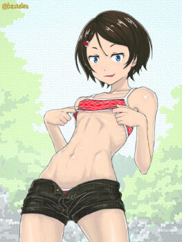 1girl black_hair blue_eyes camisole commentary_request cowboy_shot crop_top flat_chest gridman_universe hair_ornament hairclip hip_bones kimishin leaning_back lifting_own_clothes lowleg lowleg_panties lowleg_shorts namiko open_fly panties red_camisole red_panties ribs short_hair short_shorts shorts skinny solo ssss.gridman twitter_username underwear