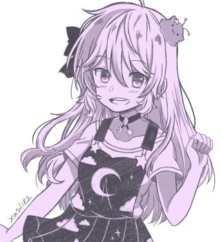 1girl blob bow centi_(nimu) choker dress hair_bow hair_ornament highres indie_virtual_youtuber long_hair nimu_(vtuber) nimu_(vtuber)_(3rd_costume) off-shoulder_shirt off_shoulder shirt smile solo star_(symbol) star_hair_ornament virtual_youtuber ximsol182