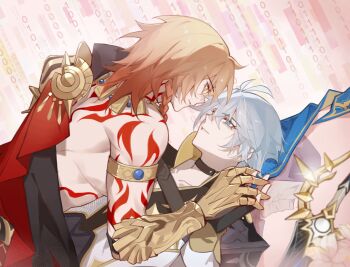 Rule 34 | 2boys, antenna hair, arm tattoo, armlet, armor, black choker, black coat, black shirt, blonde hair, blue cape, blue eyes, braid, cape, chest tattoo, choker, clawed gauntlets, coat, commentary, dawnmaker (honkai: star rail), earrings, gold earrings, gold necklace, gradient hair, highres, honkai: star rail, honkai (series), jewelry, liuqing ber, male focus, medium hair, multicolored hair, multiple boys, mydei (honkai: star rail), neck tattoo, necklace, open clothes, open coat, parted bangs, pauldrons, phainon (honkai: star rail), red hair, red tattoo, shirt, short hair, shoulder armor, side braid, single pauldron, tattoo, untranslatable commentary, white coat, white hair, yaoi, yellow eyes