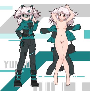 1girl 51qu_de_yeying :o absurdres armpits barefoot belt belt_pouch black_pants blush boot_straps boots breasts brown_eyes collar collarbone command_&amp;_conquer command_&amp;_conquer:_red_alert command_&amp;_conquer:_red_alert_2 completely_nude fingernails foehn_revolt foehn_revolt_symbol goggles green_jacket hair_down hair_undone headphones highres jacket looking_at_viewer lying mental_omega_(mod) military multi-tied_hair multiple_views navel nipples nude on_back pants pda pink_hair pouch reference_sheet sidelocks small_breasts straight-on thighs toenails toes unworn_clothes yunru_(mental_omega)