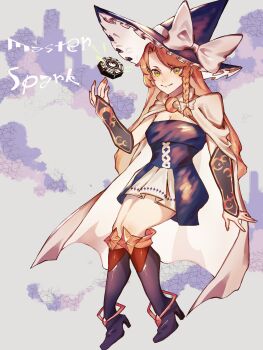 Rule 34 | 1girl, black boots, black dress, black hat, blonde hair, boots, bow, braid, breasts, cape, cleavage, closed mouth, dress, frilled hat, frills, hair bow, hat, hat bow, high heels, highres, kirisame marisa, long sleeves, mini-hakkero, nail polish, oftooon, parted bangs, single braid, small breasts, smile, solo, touhou, vambraces, white background, white bow, white cape, yellow eyes, yellow nails