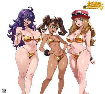 3girls :d absurdres ahoge bikini_top_pull black_nails blonde_hair blue_eyes breasts brown_hair cleavage collarbone dark-skinned_female dark_skin eyewear_on_headwear green_eyes hands_on_own_hips hat hex_maniac_(pokemon) highres kyoffie long_hair looking_at_viewer medium_breasts multiple_girls navel nintendo open_mouth pokemon pokemon_xy red_hat scrunchie serena_(pokemon) shauna_(pokemon) simple_background smile standing stomach twintails very_long_hair wavy_hair white-framed_eyewear white_background wrist_scrunchie