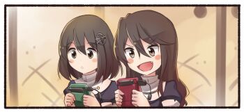 >:d 10s 2girls :d ashigara_(kancolle) black_eyes black_hair blush_stickers cable commentary_request fang flashback game_boy game_boy_(original) haguro_(kancolle) hair_ornament handheld_game_console holding ido_(teketeke) kantai_collection long_hair multiple_girls open_mouth short_hair smile v-shaped_eyebrows aged_down