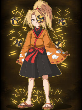 1girl abstract_background aksawshin blonde_hair bow bright_pupils brown_sandals check_clothing closed_mouth clothing_request commentary disembodied_eye electricity english_commentary frown full_body hair_over_one_eye hair_tie hakama hakama_skirt high_ponytail japanese_clothes kimono looking_at_viewer multicolored_eyes no_socks orange_kimono patterned_clothing pixel_art ponytail red_bow red_eyes red_ribbon ribbon ribbon-trimmed_sleeves ribbon_trim sandals skirt solo toes touhou touhou_(pc-98) waist_bow white_pupils wide_sleeves yellow_eyes yukata yuugenmagan