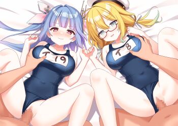 2boys 2girls adda bad_id bad_pixiv_id bed_sheet blonde_hair blue_hair breasts censored commentary_request glasses grabbing_another&#039;s_breast groping group_sex hat hetero highres i-19_(kancolle) i-8_(kancolle) kantai_collection large_breasts looking_at_viewer lying missionary mosaic_censoring multiple_boys multiple_girls on_back on_bed one-piece_swimsuit orgy penis pussy school_swimsuit semi-rimless_eyewear sex swimsuit thighs under-rim_eyewear vaginal variant_set white_hat