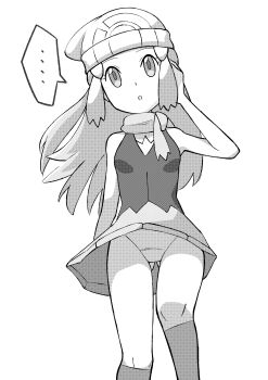 1girl :o absurdres artist_request beanie breasts clothes_lift dawn_(pokemon) eyelashes full_body hair_ornament hairclip hat highres long_hair looking_at_viewer monochrome nintendo open_mouth pokemon pokemon_dppt scarf shirt sidelocks simple_background skirt skirt_lift sleeveless sleeveless_shirt small_breasts solo thighhighs white_background wide_hips