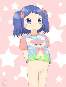 1girl absurdres animal_hair_ornament arms_behind_back audino blue_eyes blue_hair blush bottomless character_print clothes_writing cloud_print flat_chest floral_print gen_5_pokemon grass_print hair_ornament highres loli long_hair looking_up nintendo original pink_background pink_shirt pokemon print_shirt pussy rabbit_hair_ornament raglan_sleeves shirt sky_print standing star_(symbol) star_symbol_background twintails urameido