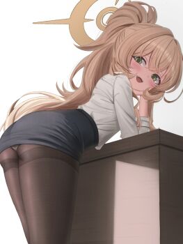 1girl :d absurdres alternate_costume arm_support ass bent_over black_pantyhose black_skirt blonde_hair blue_archive blush commentary dwadwa98 from_side green_eyes hair_between_eyes halo hand_support head_on_hand highres indoors leaning_forward leaning_on_table loli long_hair long_sleeves looking_at_viewer looking_back miniskirt naughty_face open_mouth panties panties_under_pantyhose pantyhose pencil_skirt ponytail professor_niyaniya_(blue_archive) professor_niyaniya_(teacher)_(blue_archive) shirt shirt_tucked_in skirt sleeves_rolled_up smile solo standing teeth thighband_pantyhose thighs underwear upper_teeth_only very_long_hair white_background white_panties white_shirt yellow_halo
