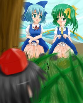 3girls amunko_(pixiv_361047) black_hair black_shoes bloomers bloomers_pull blue_bow blue_dress blue_eyes blue_hair blush bow breasts cirno cloud daiyousei dress embarrassed fairy fairy_wings grass green_eyes green_hair hair_bow hair_ribbon hands_on_own_knees hat hiding ice long_hair looking_at_another multiple_girls neck_ribbon necktie open_mouth peeing ponytail puddle puffy_sleeves pussy red_hat red_ribbon ribbon shameimaru_aya shirt shoes short_hair short_sleeves side_ponytail sky sleeveless sleeveless_dress small_breasts smile squatting teeth touhou tree underwear white_bloomers white_shirt wings yellow_necktie yellow_ribbon