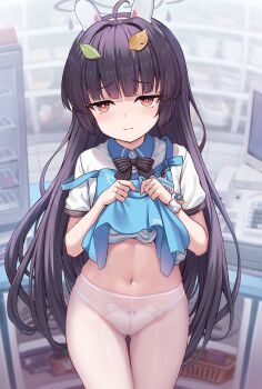 1girl ahoge angel&#039;s_24_uniform_(blue_archive) animal_ears apron apron_lift black_bow black_bowtie black_hair blue_apron blue_archive bow bow_panties bowtie clothes_lift commentary_request fake_animal_ears gluteal_fold grey_halo halo highres leaf leaf_on_head lifting_own_clothes loli long_hair looking_at_viewer milkshakework miyu_(blue_archive) official_alternate_costume panties panties_under_pantyhose pantyhose rabbit_ears scrunchie shirt short_sleeves solo straight_hair striped_bow striped_bowtie striped_clothes underwear white_panties white_pantyhose white_scrunchie white_shirt wrist_scrunchie