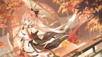 1girl absurdres bare_shoulders black_bow black_collar black_jacket bow braid breasts changli_(wuthering_waves) cleavage closed_mouth collar colored_extremities commentary detached_sleeves dress feather_hair finger_to_mouth hair_bow hair_extensions hand_up hashtag-only_commentary heiyizhushenxia highres holding holding_umbrella index_finger_raised jacket large_breasts long_hair looking_at_viewer oil-paper_umbrella orange_eyes orange_theme pink_hair ponytail red_hands ring_hair_extensions shushing solo thigh_strap thighs twin_braids umbrella very_long_hair white_dress white_hair wuthering_waves