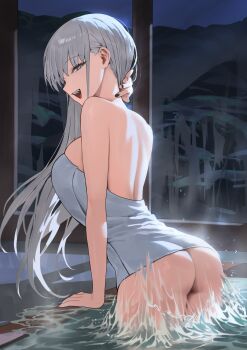 1girl :d arched_back arm_support ass back bare_back black_nails blue_sky breasts cowboy_shot dark_sky female_focus grey_eyes grey_hair half-closed_eyes highres hood_(james_x) indoors large_breasts long_hair median_furrow naked_towel nape night nose open_mouth original pool profile skindentation sky smile solo teeth tongue towel tsurime upper_teeth_only wading white_hair window