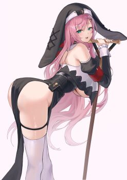 1girl absurdres aqua_eyes armband ass back bare_shoulders belt belt_pouch black_belt black_dress black_veil blush breasts cleavage commentary_request detached_sleeves dress fang from_side gerie_(stella_sora) hair_between_eyes hair_ornament hand_hair_ornament highres holding holding_shovel holding_weapon korean_commentary large_breasts leaning_forward long_hair long_sleeves looking_at_viewer nun open_mouth pelvic_curtain pink_hair pouch puffy_detached_sleeves puffy_sleeves red_armband ryu00 shovel sidelocks simple_background skin_fang sleeve_cuffs solo standing stella_sora thigh_strap thighhighs thighs turning_head two-sided_veil underboob veil very_long_hair weapon white_background white_thighhighs