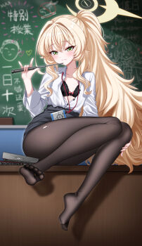 :3 absurdres black_bra black_pantyhose blonde_hair blue_archive blush board_eraser book bow bow_bra bra cang_se_ye_hua chalkboard chinese_commentary classroom closed_mouth collarbone collared_shirt commentary_request desk dress_shirt feet fluffy_hair full_body green_eyes grey_skirt hair_between_eyes hair_intakes hair_over_shoulder halo hand_up highres holding holding_pointer indoors jewelry loli long_bangs long_hair long_sleeves looking_at_viewer miniskirt no_shoes on_desk pantyhose partially_unbuttoned pencil_skirt pile_of_books pointer ponytail professor_niyaniya_(blue_archive) professor_niyaniya_(teacher)_(blue_archive) shadow shirt shirt_tucked_in sitting skirt smile toe_ring toe_seam toes torn_clothes torn_pantyhose underwear variant_set very_long_hair white_shirt wing_collar yellow_halo